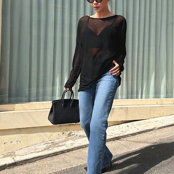 Black Boho Women's Solid Color Loose Fit Long Sleeve Round Neck Lightwei… - Picture 3 of 5